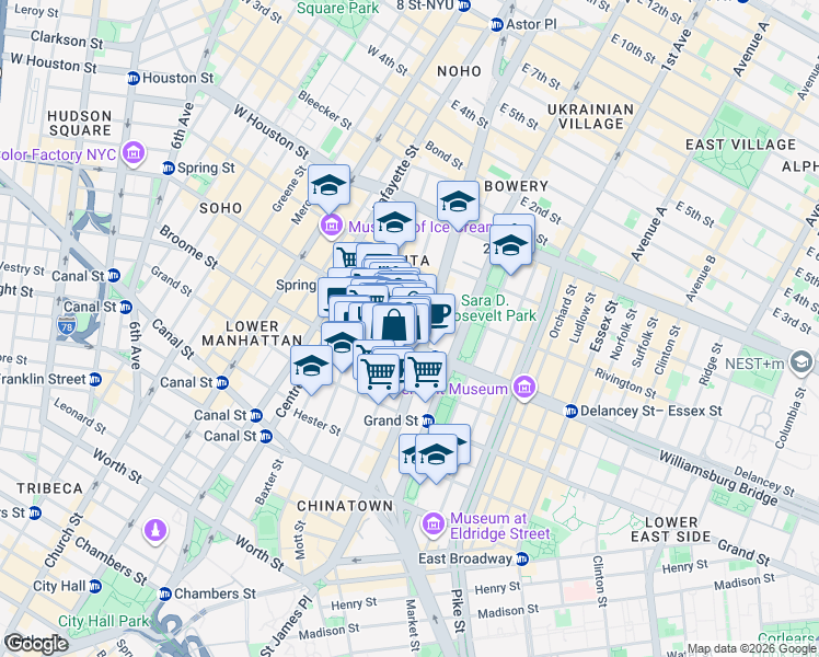 map of restaurants, bars, coffee shops, grocery stores, and more near 8 Spring Street in New York