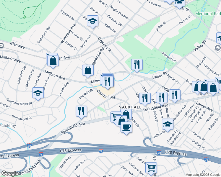 map of restaurants, bars, coffee shops, grocery stores, and more near 2933 Vauxhall Road in Union