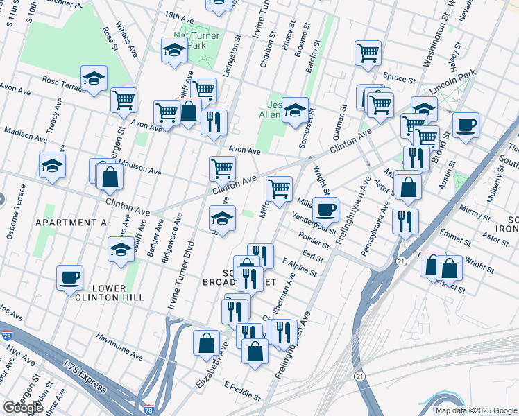 map of restaurants, bars, coffee shops, grocery stores, and more near 60 Milford Avenue in Newark