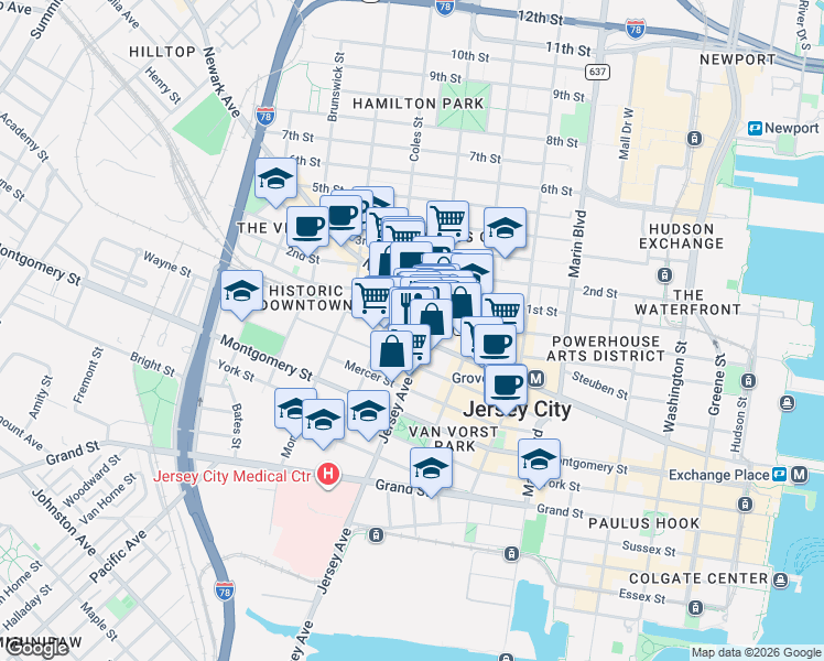 map of restaurants, bars, coffee shops, grocery stores, and more near 190 Christopher Columbus Drive in Jersey City