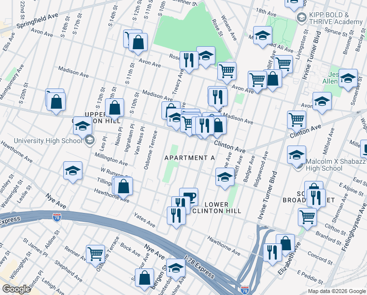 map of restaurants, bars, coffee shops, grocery stores, and more near 165 Chadwick Avenue in Newark