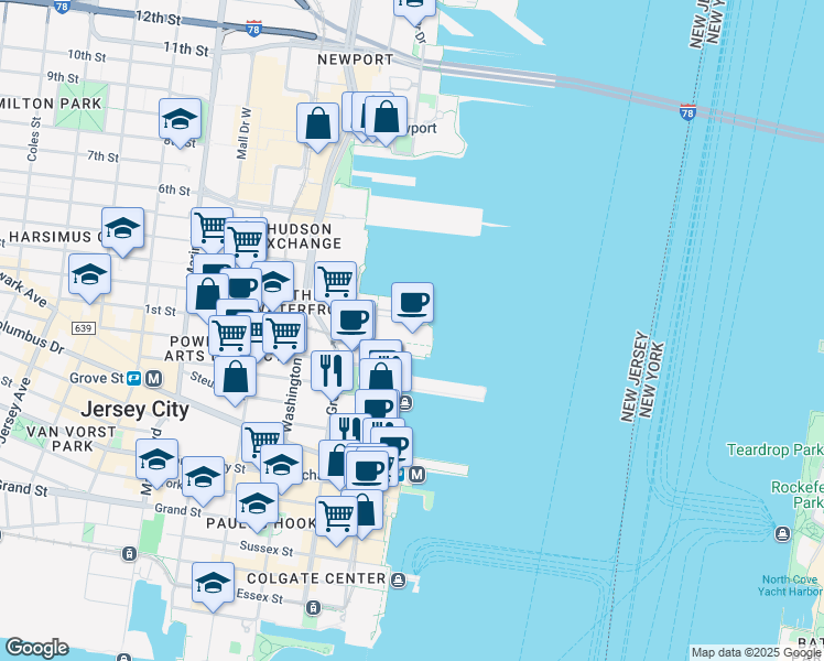 map of restaurants, bars, coffee shops, grocery stores, and more near 3 2nd Street in Jersey City