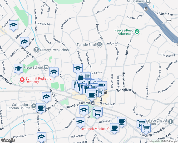 map of restaurants, bars, coffee shops, grocery stores, and more near 27 Euclid Avenue in Summit