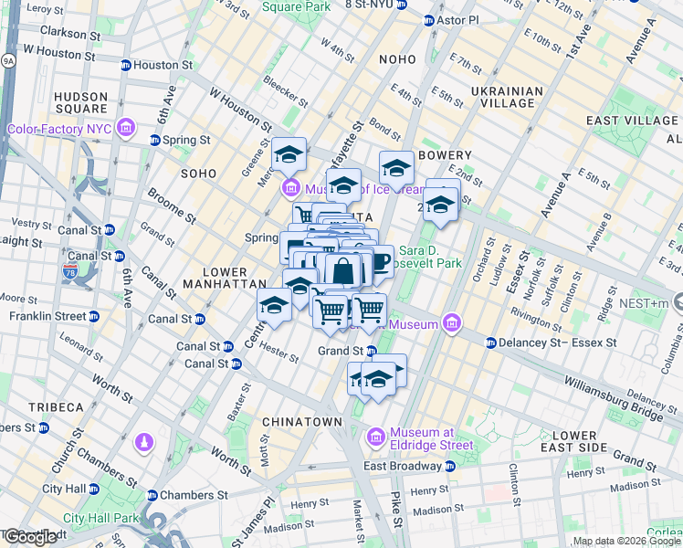 map of restaurants, bars, coffee shops, grocery stores, and more near 196 Mott Street in New York