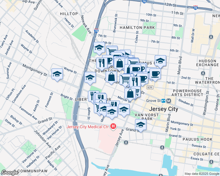 map of restaurants, bars, coffee shops, grocery stores, and more near 187 Wayne Street in Jersey City
