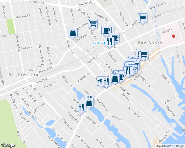 map of restaurants, bars, coffee shops, grocery stores, and more near 38 Clinton Avenue in Bay Shore
