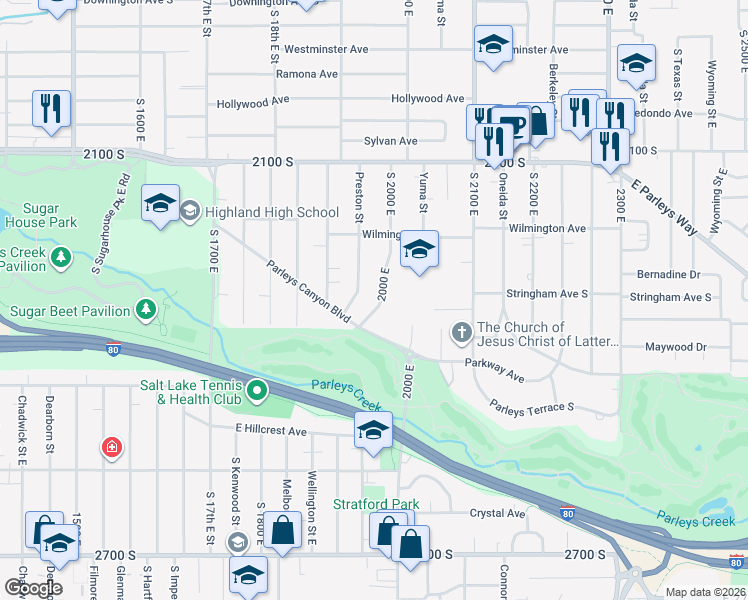 map of restaurants, bars, coffee shops, grocery stores, and more near 2310 South 2000 East in Salt Lake City