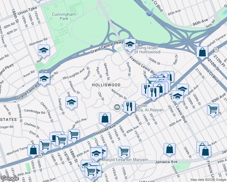 map of restaurants, bars, coffee shops, grocery stores, and more near 196-38 Pompeii Road in Queens