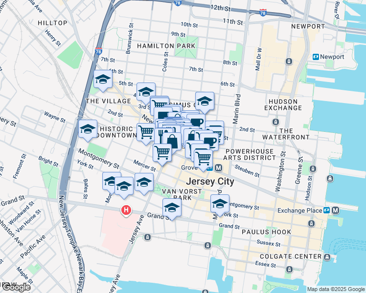 map of restaurants, bars, coffee shops, grocery stores, and more near 524 Jersey Avenue in Jersey City