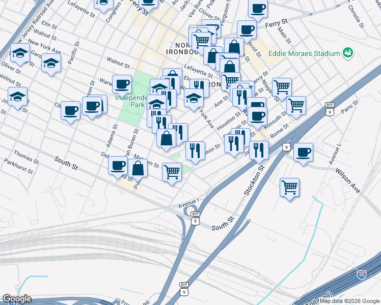 map of restaurants, bars, coffee shops, grocery stores, and more near 15 Garrison Street in Newark