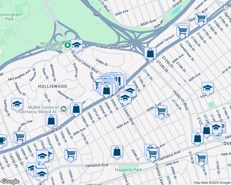 map of restaurants, bars, coffee shops, grocery stores, and more near Hillside Avenue & Francis Lewis Blvd in Queens