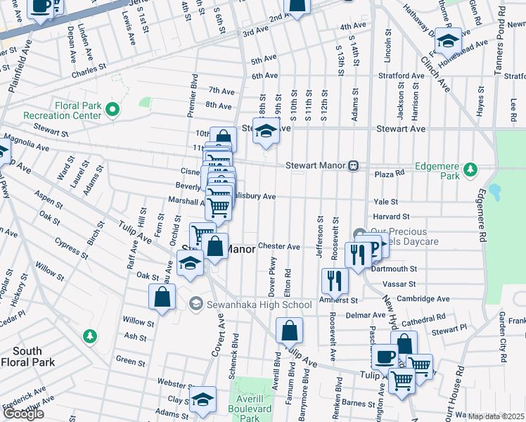 map of restaurants, bars, coffee shops, grocery stores, and more near 91 Carlton Terrace in Stewart Manor