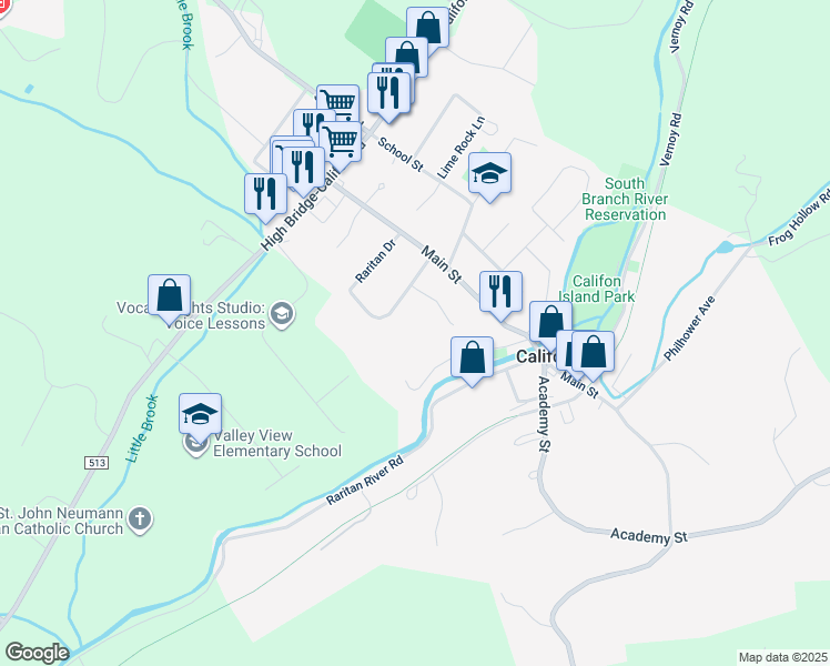 map of restaurants, bars, coffee shops, grocery stores, and more near 15 1st Street in Califon