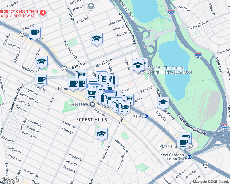map of restaurants, bars, coffee shops, grocery stores, and more near 109-05 72nd Avenue in Queens