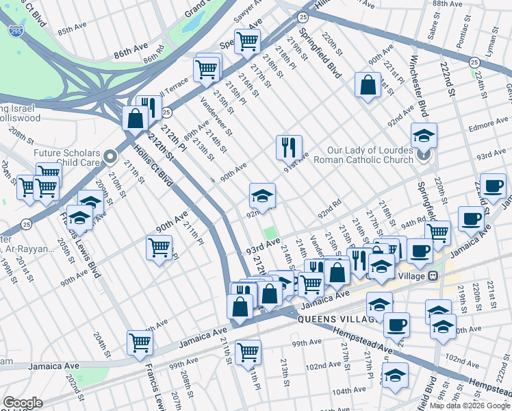 map of restaurants, bars, coffee shops, grocery stores, and more near 91-17 213th Street in Queens