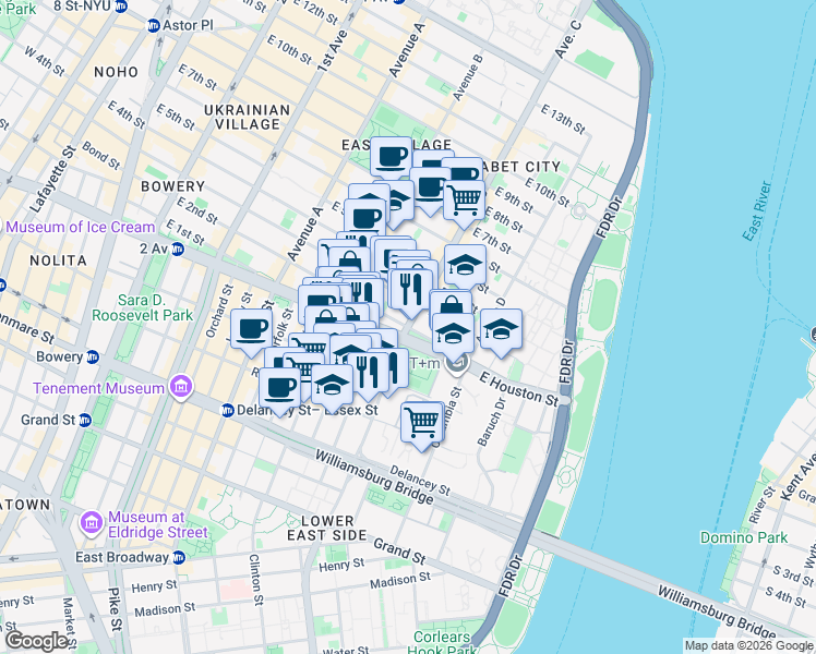 map of restaurants, bars, coffee shops, grocery stores, and more near Avenue C & E 2nd St in New York