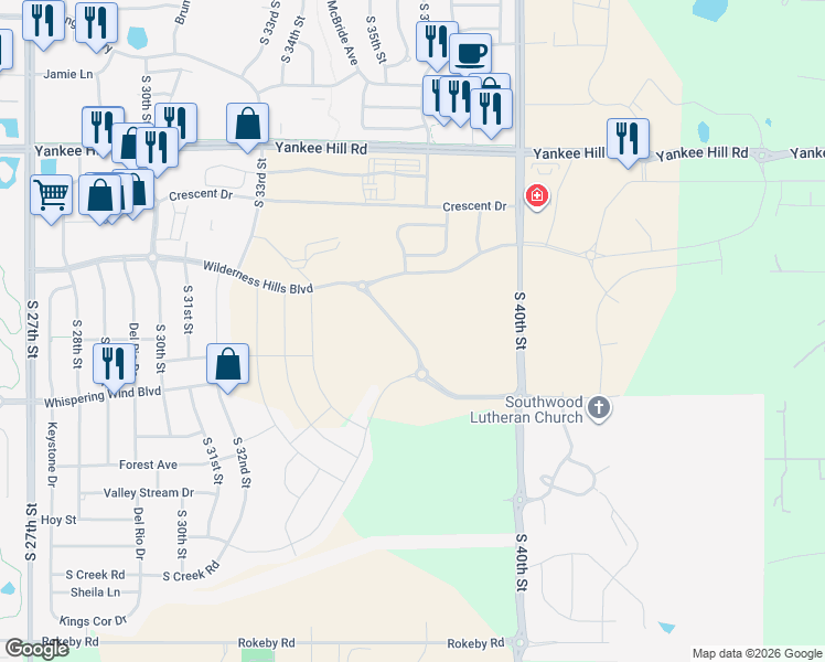 map of restaurants, bars, coffee shops, grocery stores, and more near 9025 South 40th Street in Lincoln