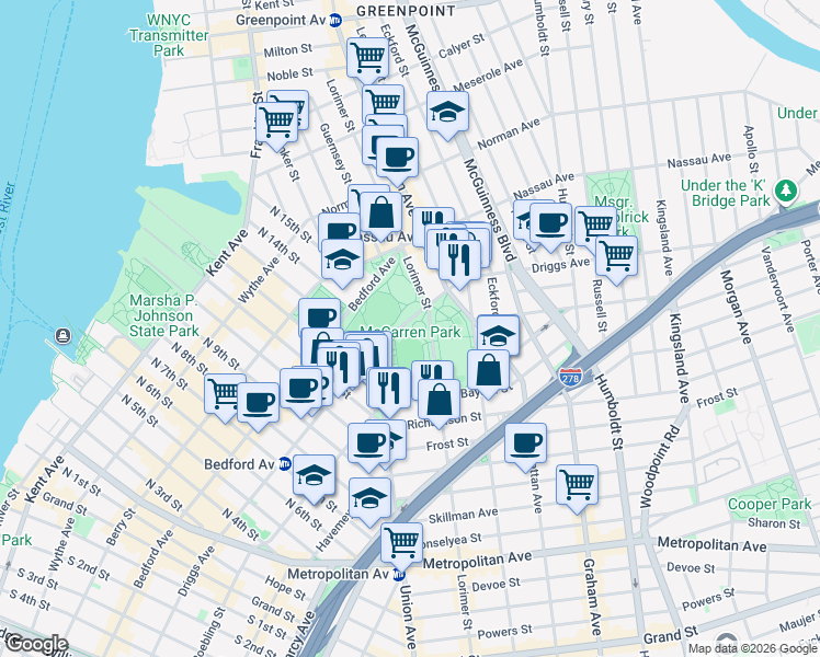map of restaurants, bars, coffee shops, grocery stores, and more near 776 Lorimer Street in Brooklyn