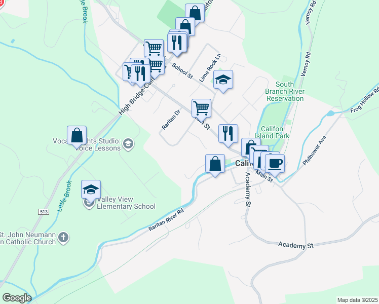 map of restaurants, bars, coffee shops, grocery stores, and more near 15 1st Street in Califon