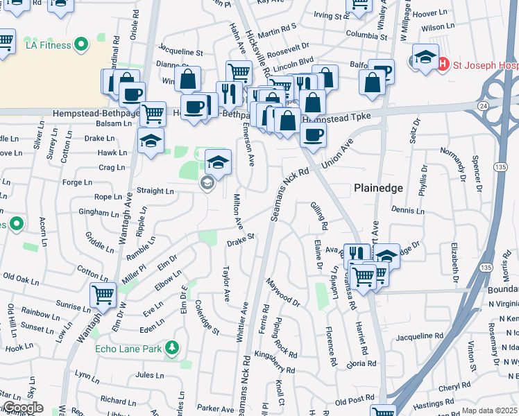 map of restaurants, bars, coffee shops, grocery stores, and more near 3900 Miller Place in Levittown