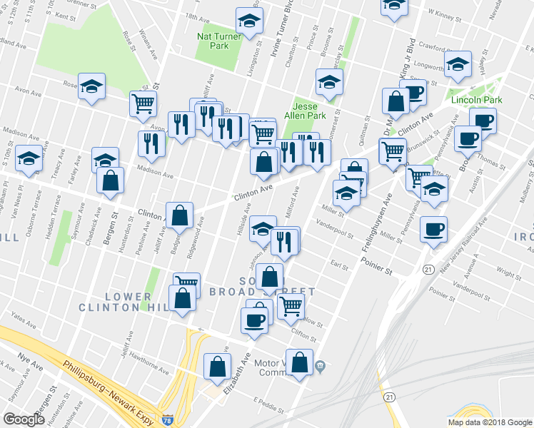 map of restaurants, bars, coffee shops, grocery stores, and more near 27 Johnson Avenue in Newark