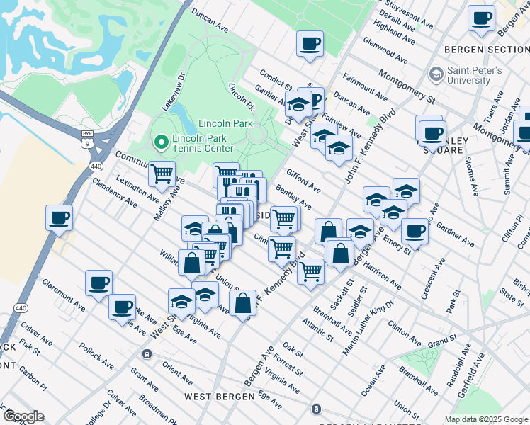 map of restaurants, bars, coffee shops, grocery stores, and more near 785 Communipaw Avenue in Jersey City