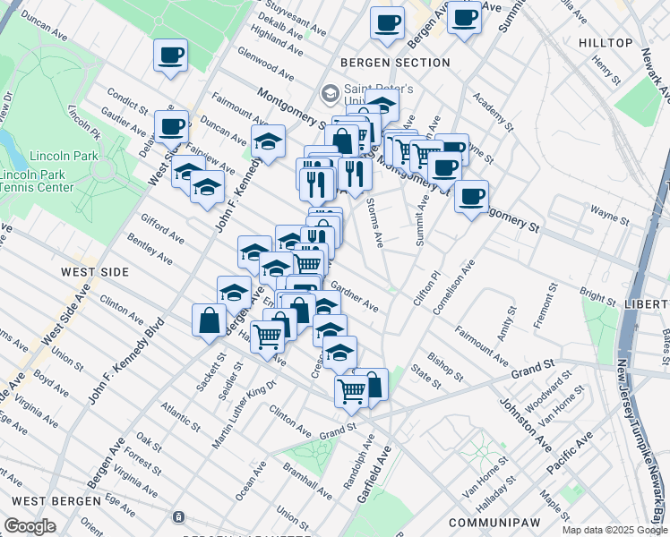 map of restaurants, bars, coffee shops, grocery stores, and more near 73 Gardner Avenue in Jersey City