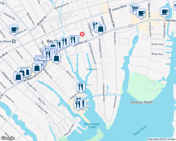 map of restaurants, bars, coffee shops, grocery stores, and more near 53 Mowbray Avenue in Bay Shore