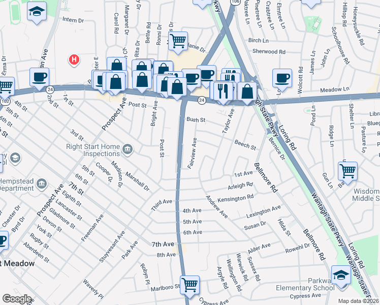 map of restaurants, bars, coffee shops, grocery stores, and more near 139 Fairview Avenue in East Meadow