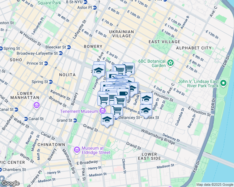map of restaurants, bars, coffee shops, grocery stores, and more near 113 Rivington Street in New York