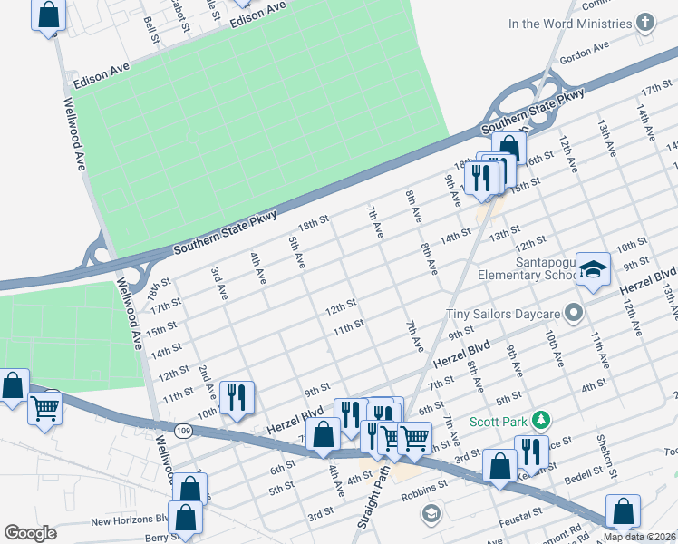 map of restaurants, bars, coffee shops, grocery stores, and more near 523 14th Street in West Babylon