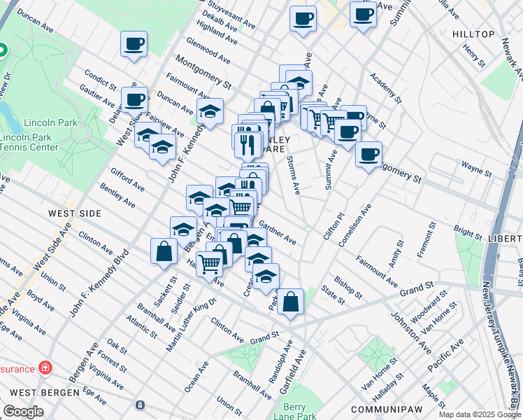 map of restaurants, bars, coffee shops, grocery stores, and more near 71 Jewett Avenue in Jersey City