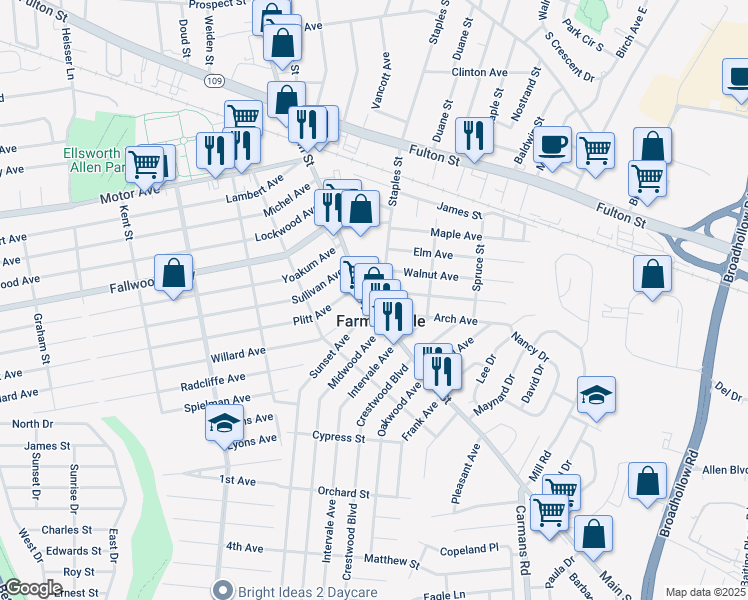 map of restaurants, bars, coffee shops, grocery stores, and more near in South Farmingdale
