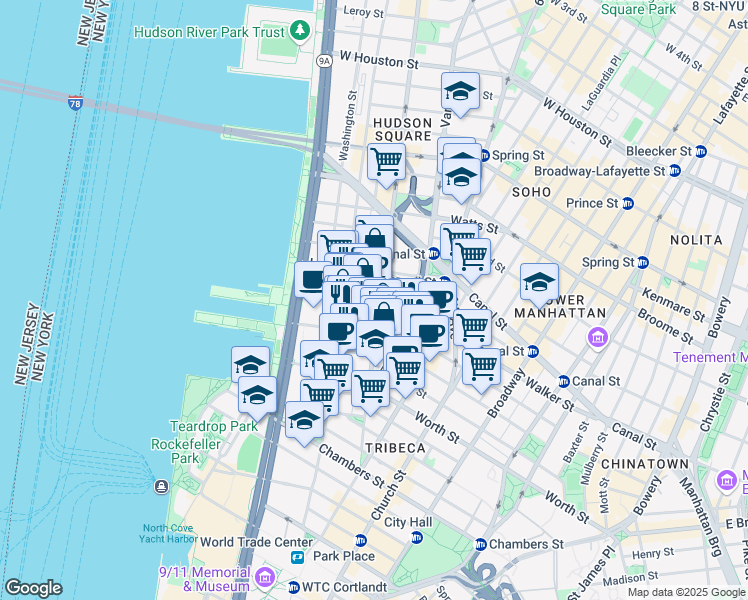 map of restaurants, bars, coffee shops, grocery stores, and more near 129w Hudson Street in New York