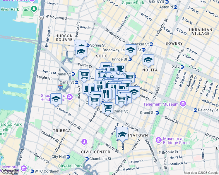 map of restaurants, bars, coffee shops, grocery stores, and more near 463 Broadway in New York