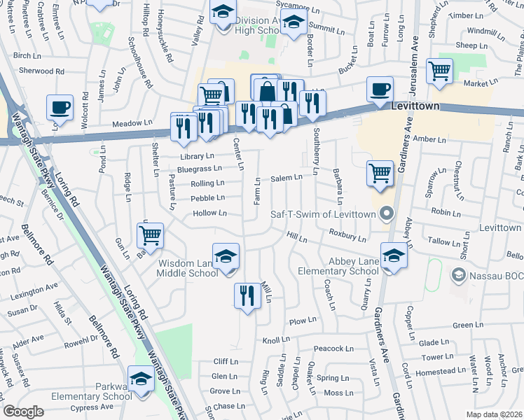 map of restaurants, bars, coffee shops, grocery stores, and more near 57 Farm Lane in Levittown