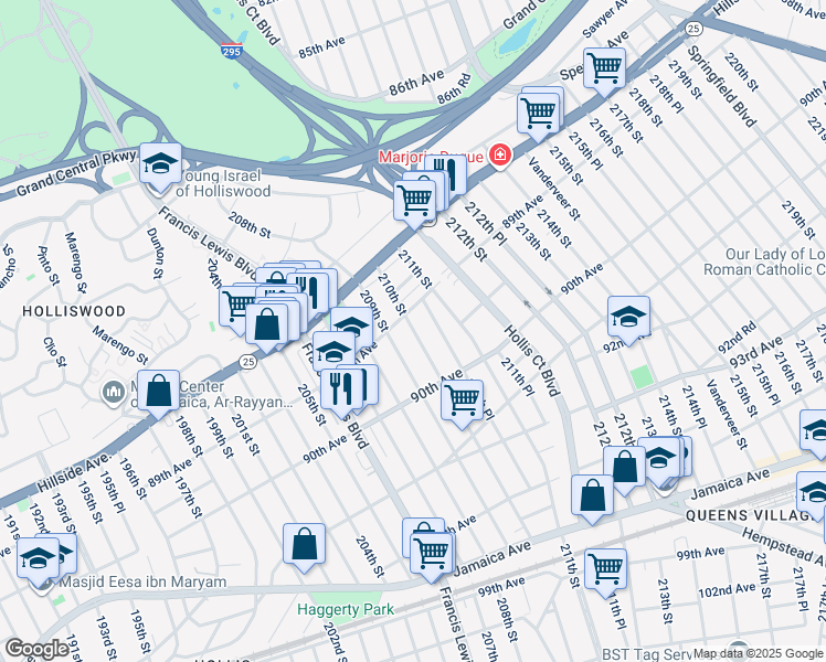 map of restaurants, bars, coffee shops, grocery stores, and more near 89-38 210th Street in Queens