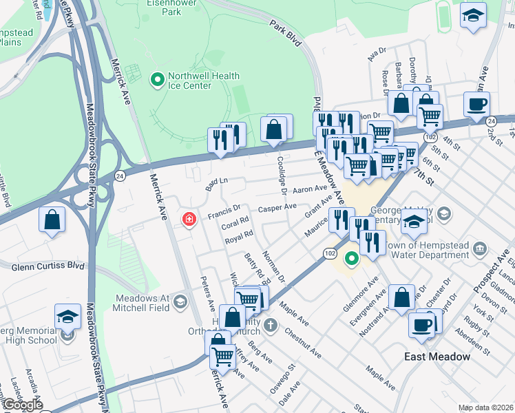 map of restaurants, bars, coffee shops, grocery stores, and more near 107 Norman Drive in East Meadow