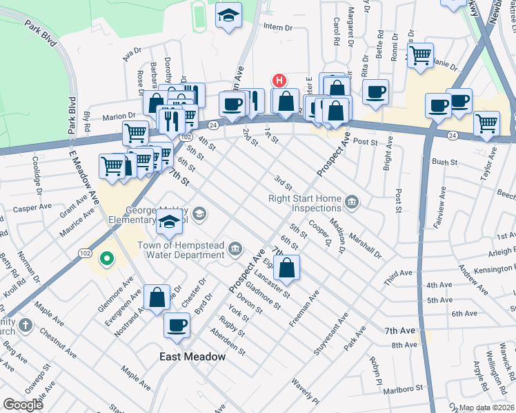 map of restaurants, bars, coffee shops, grocery stores, and more near 2264 6th Street in East Meadow
