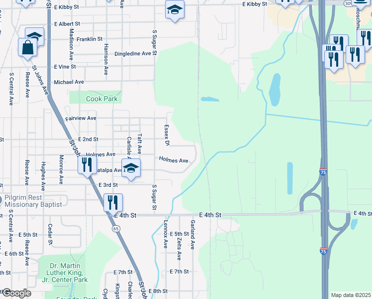 map of restaurants, bars, coffee shops, grocery stores, and more near 1342 Essex Drive in Lima