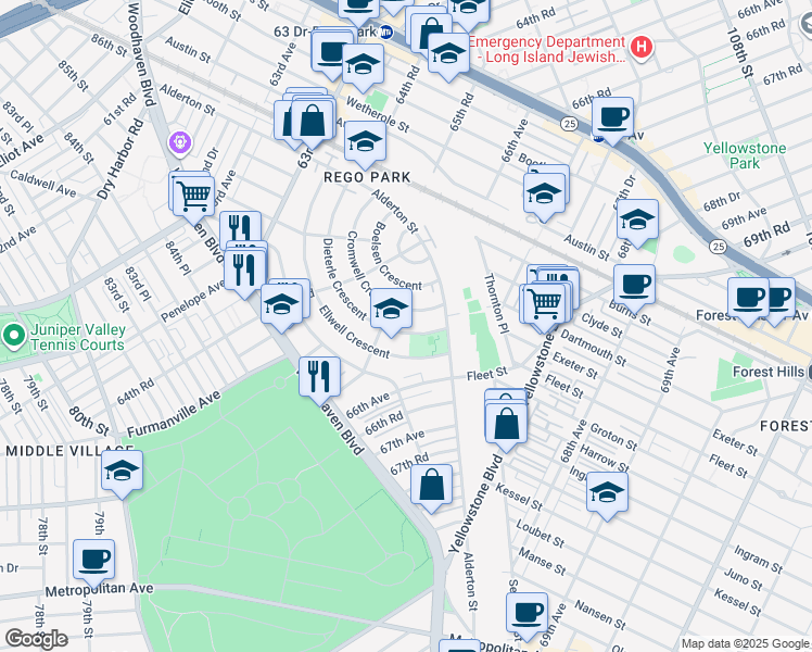 map of restaurants, bars, coffee shops, grocery stores, and more near 65-10 Dieterle Crescent in Queens