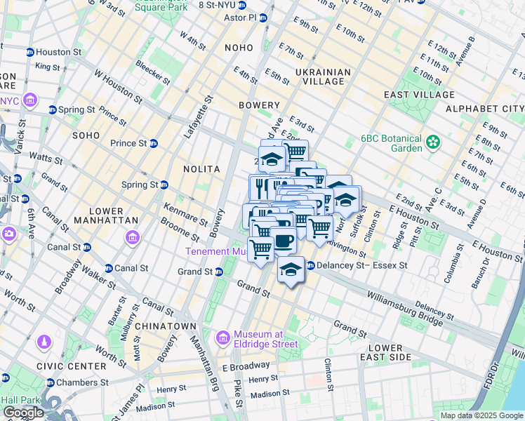 map of restaurants, bars, coffee shops, grocery stores, and more near 184 Eldridge Street in New York