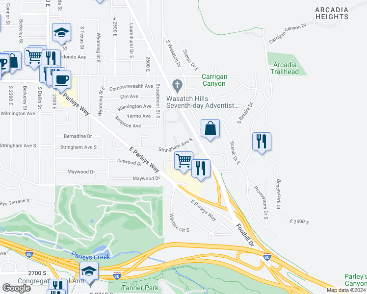 map of restaurants, bars, coffee shops, grocery stores, and more near 2707 Parleys Way in Salt Lake City