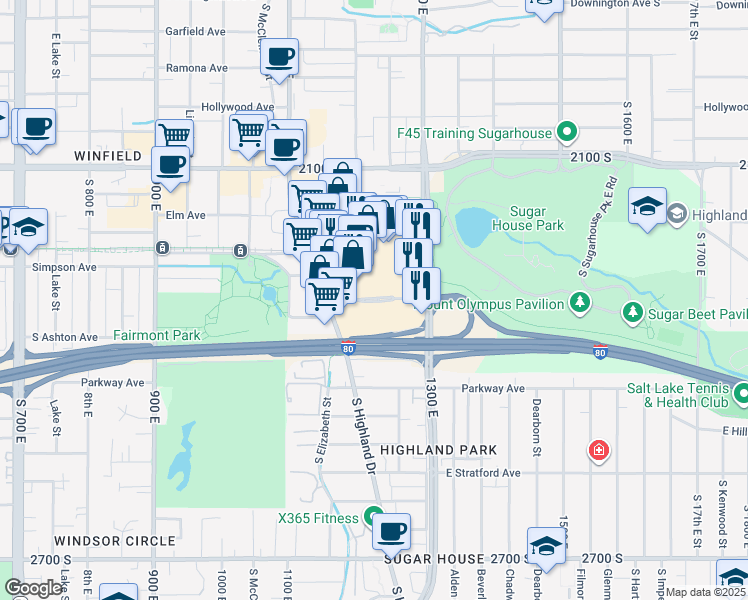 map of restaurants, bars, coffee shops, grocery stores, and more near 2290 1300 East in Salt Lake City