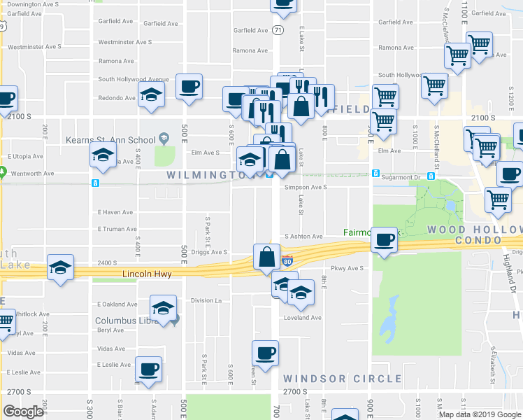 map of restaurants, bars, coffee shops, grocery stores, and more near 2306 South 700 East in Salt Lake City
