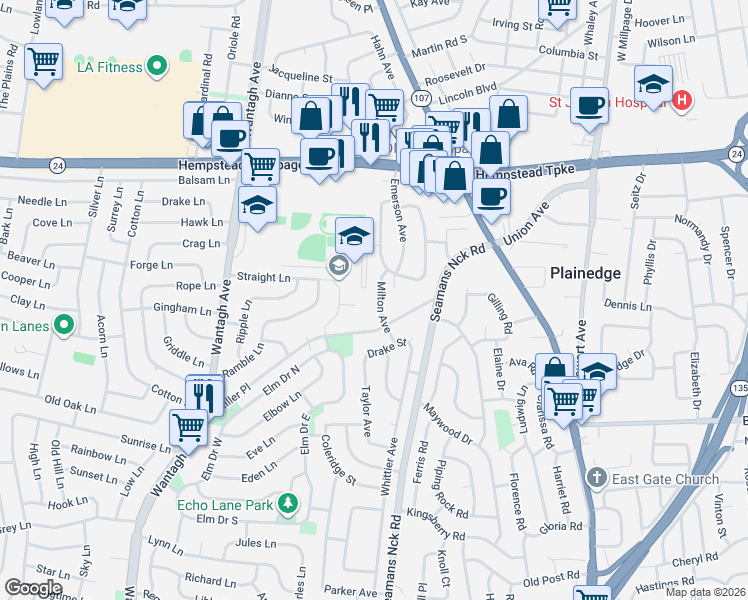 map of restaurants, bars, coffee shops, grocery stores, and more near 3865 Miller Place in Levittown