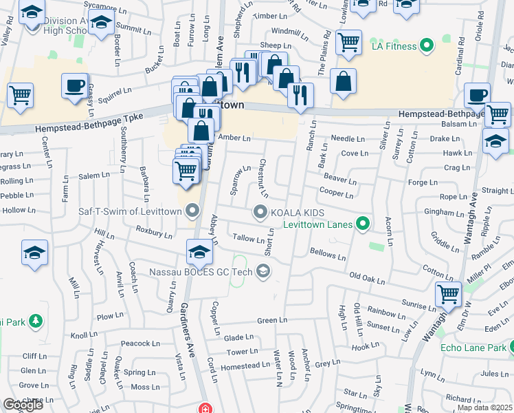 map of restaurants, bars, coffee shops, grocery stores, and more near 35 Bayberry Lane in Levittown