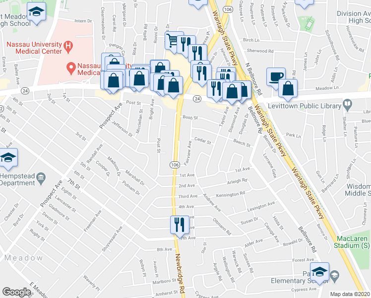 map of restaurants, bars, coffee shops, grocery stores, and more near 139 Fairview Avenue in East Meadow