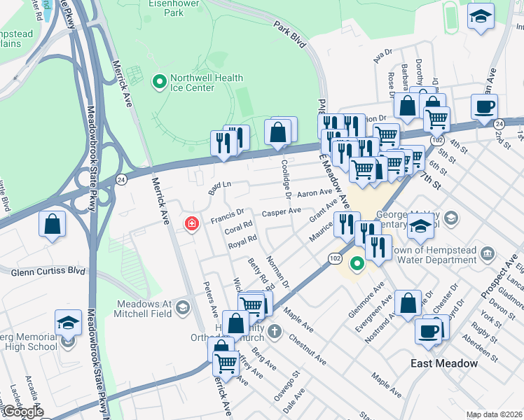 map of restaurants, bars, coffee shops, grocery stores, and more near 107 Norman Drive in East Meadow
