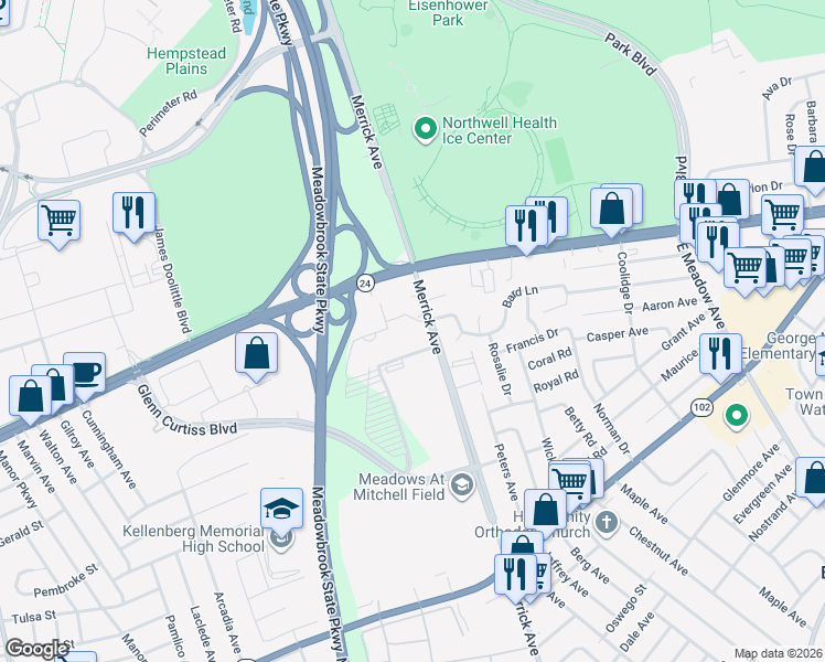 map of restaurants, bars, coffee shops, grocery stores, and more near 60 Merrick Avenue in East Meadow